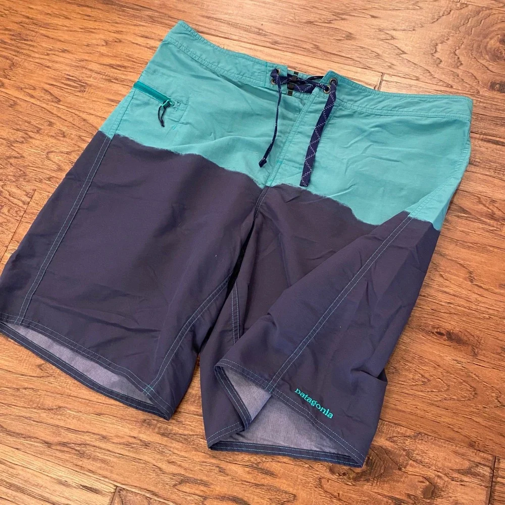Patagonia Board Shorts Mens 36 Blue Teal Colorblock Nylon Swim Trunks 9 Inseam